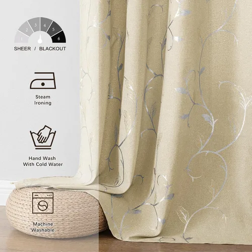 Vista 74 de BUHUA Juego de 2 paneles de cortinas opacas con estampado de vid plateada, cortinas con aislamiento térmico para oscurecer la habitación