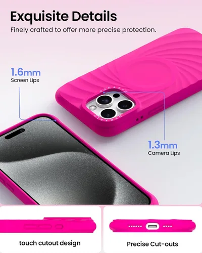 Vista 5 de ORNARTO Vortuxe - Funda para iPhone 15 Pro de 6.1 pulgadas, color rosa intenso + funda para AirPods Pro 2, color rosa intenso