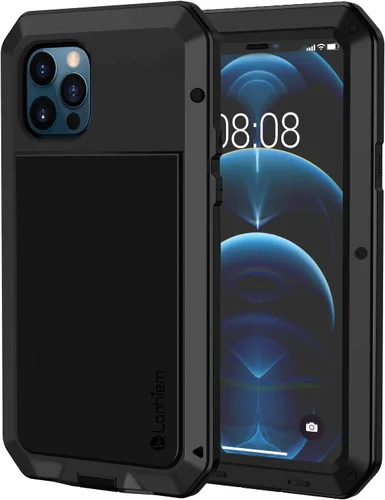 Vista 8 de Lanhiem Funda de metal para iPhone 12 Pro Max, resistente a los golpes, con protector de pantalla de vidrio integrado, cubierta protectora de cuerpo