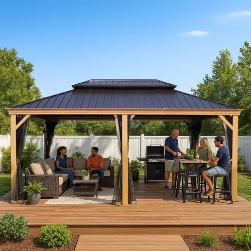 Vista 10 de Kozyard Apollo - Cenador de techo rígido de 10 x 12 pies, toldo con marco de aluminio recubierto de madera con doble techo de acero galvanizado