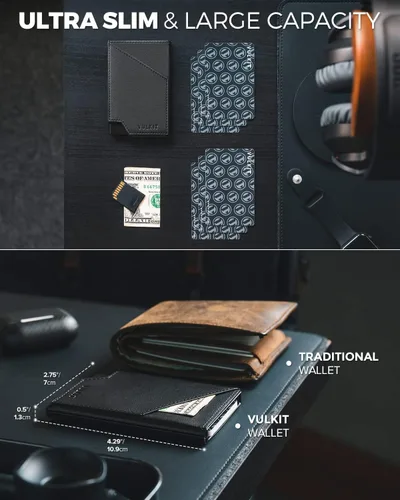 Vista 2 de VULKIT Cartera de tarjetas desplegable con bloqueo RFID, funda delgada de aluminio para tarjetas bancarias con bolsillo para dinero de negocios
