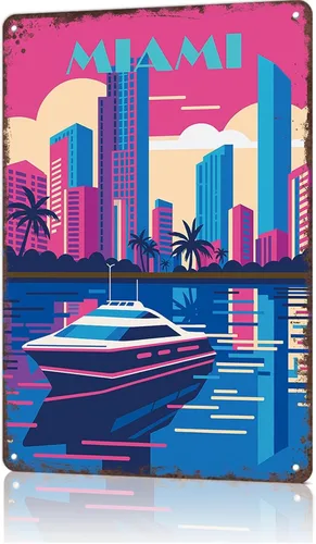 Funny Metal Sign Miami - City Skyline, Retro, 80s Poster Wall Art Tin Signs For Home Man Cave Office Bedroom Wall Decor 8x12inch