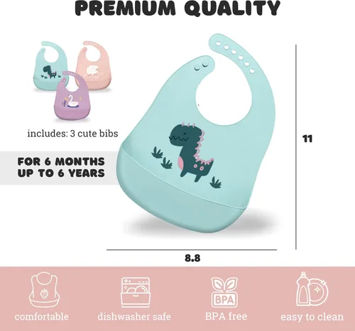 Vista 3 de Baberos de silicona para bebés con recogedor de alimentos (juego de 3) – Plástico libre de BPA, babero duradero y ajustable – Baberos de silicona