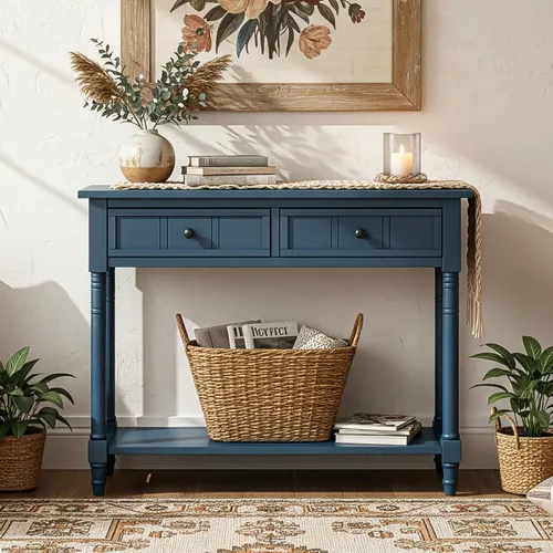 Vista 18 de P PURLOVE Mesa consola de madera con 2 cajones y estante inferior para dormitorio (azul marino)
