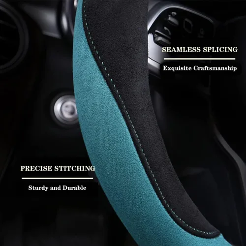 Vista 4 de Funda para volante en forma de D de gamuza suave, funda cálida universal de 15 pulgadas, color negro