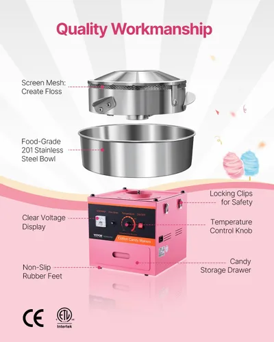 Vista 48 de VEVOR - Máquina eléctrica para hacer algodón de azúcar con carro, máquina comercial para hacer caramelo de 1000W con tazón de acero inoxidable