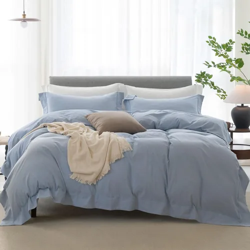 Vista 24 de Juego de funda de edredón individual de algodón lavado al 100% con textura de lino, ropa de cama ultra suave y fresca con cierre de cremallera