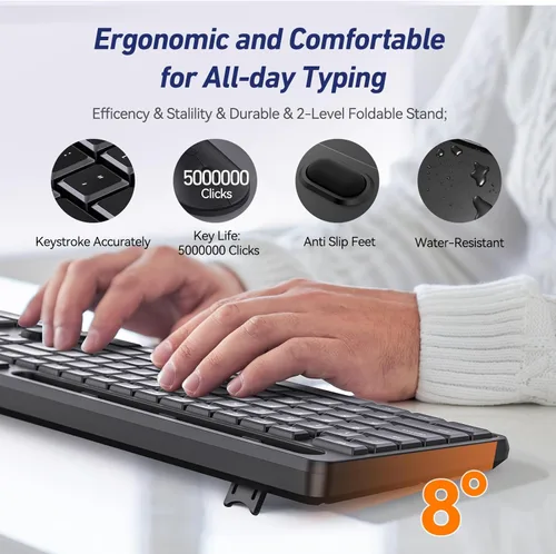 Vista 8 de Combo de teclado y mouse inalámbricos, teclado inalámbrico silencioso Acebaff 2.4G con soporte para tableta de teléfono, mouse silencioso, 11 teclas