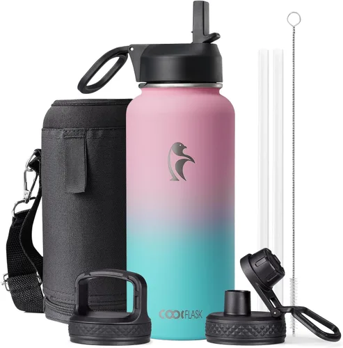 Vista 34 de Coolflask - Botella de agua de 64 onzas aislada, con popote y 3 tapas, de acero inoxidable con boca ancha, libre de BPA, mantiene las bebidas frías