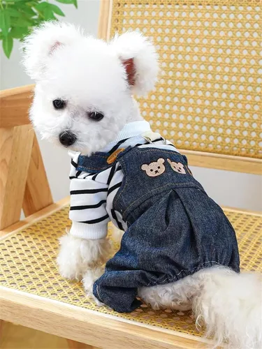 Vista 2 de Trajes de perro para perros pequeños, camisas clásicas para perros, pantalones de mezclilla con cabeza de oso, rayas blancas y negras, overol