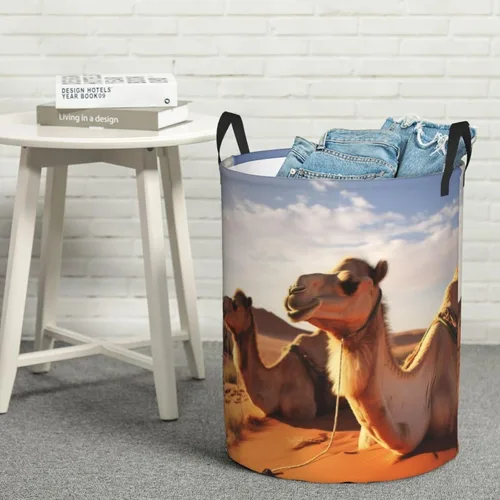 Vista 8 de Camels Rest Desert Print Laundry Hamper Circular Waterproof Storage Basket Protable Dirty Clothes Hamper Storage Bin For Home Organizer Living Room