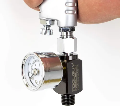 Vista 5 de Válvula reguladora de ajuste de aire con manómetro para pistolas pulverizadoras y herramientas neumáticas (1/4" NPS) (manómetro analógico)