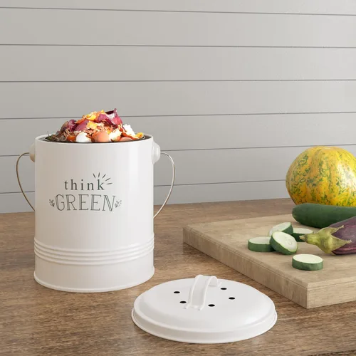 Vista 2 de Barnyard Designs Contenedor de Compost para Encimera de Cocina - Compostador de Encimera de 1.2 Galones con Filtros Extra Absorbentes de Olores