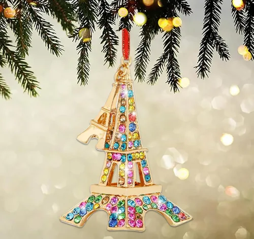 Vista 2 de JUESMOS Adorno de Navidad de la Torre Eiffel de metal, mini torre Eiffel, árbol de Navidad, adornos colgantes decorativos para el hogar