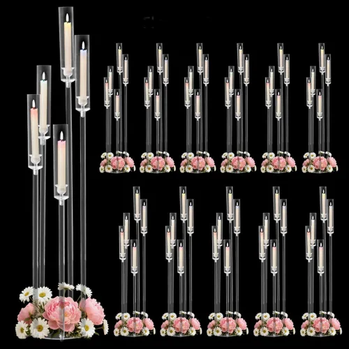 Vista 18 de Centro de mesa de candelabro acrílico para mesa, 5 brazos, candelabros transparentes, soportes para centro de mesa de boda, para fiesta, baby