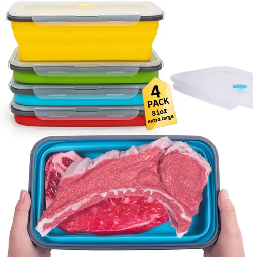 Vista 30 de Recipientes plegables de almacenamiento de alimentos con tapa hermética, 11.8 oz, juego de 4 recipientes pequeños de silicona apilables