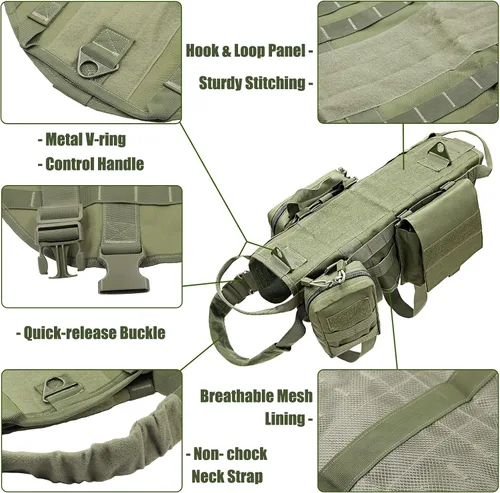 Vista 2 de AIWAI Arnés táctico para perro con bolsas, arnés de chaleco para perros grandes y medianos, arnés militar ajustable sin tirones con asa, caminar