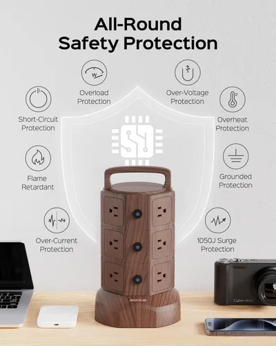 Vista 6 de JACKYLED Regleta protectora contra sobretensiones con cable de extensión de 6.5 pies, 6 puertos USB y 12 salidas de CA, estación de carga eléctrica