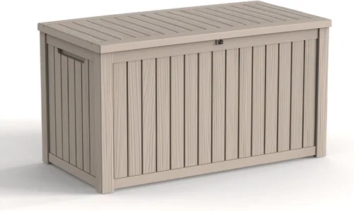 Vista 23 de Caja de cubierta de resina impermeable de 30 galones, resistente a los rayos UV, almacenamiento al aire libre para jardín, patio, porche, entrega