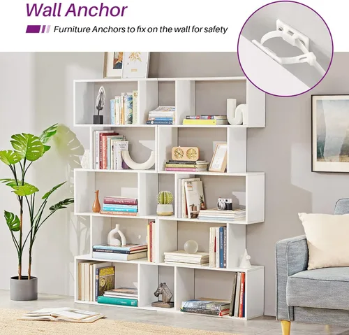 Vista 4 de Farini Estantería en forma de S, estantería de 5 estantes en forma de Z para el hogar, oficina, dormitorio (5 niveles, blanco)