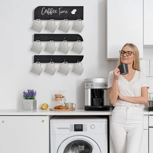 Vista 2 de Soporte para tazas de café de madera maciza montado en la pared, estante rústico para tazas con 12 ganchos, gran espacio para tazas grandes