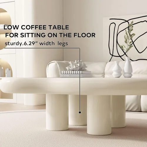 Vista 4 de Cloud - Mesa auxiliar moderna color blanco crema para sala de estar, bonita mesa auxiliar irregular para interiores con 4 patas