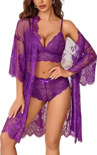 Vista 10 de Avidlove Conjunto de lencería de 3 piezas para mujer, bata de encaje Púrpura oscuro