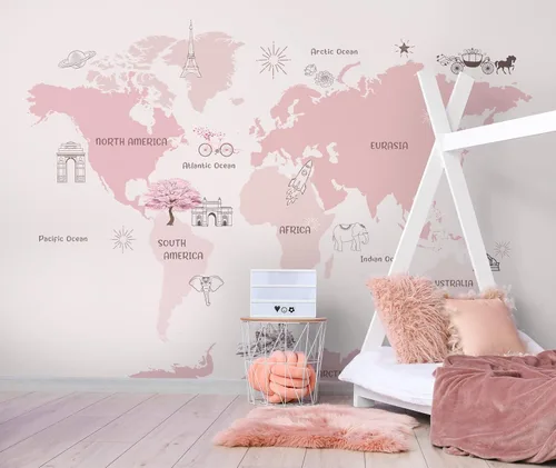 Murwall For Girls Pink World Map Wallpaper Cartoon Pink Maps Wall Murals For Nursery Wall Print Girls Boys Bedroom Childroom