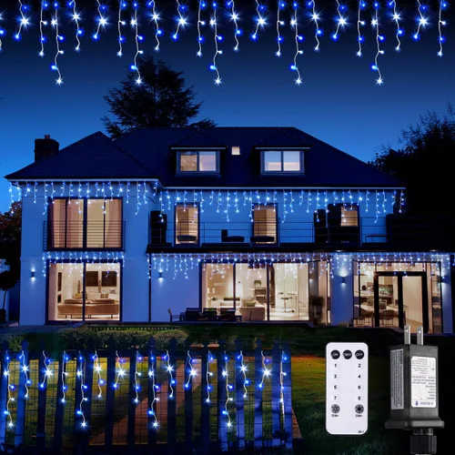 Vista 11 de JMEXSUSS 400 luces LED de Navidad de carámbano de 38.8 pies con control remoto, tira de luces multicolor para exteriores enchufables, 8 modos
