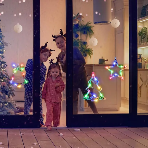 Vista 25 de Paquete de 3 luces de Navidad para ventana con temporizador, funciona con pilas, árbol de copo de nieve iluminado blanco con forma de estrella LED