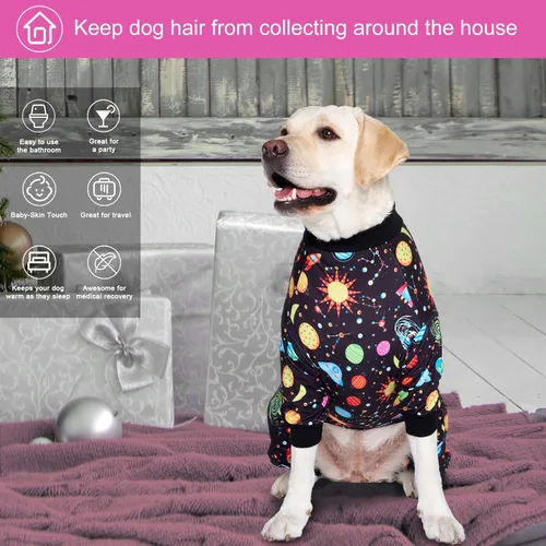 Vista 6 de LovinPet Monos para perros grandes: Pijamas para perros grandes, postoperatorio/cuidado de heridas, tela elástica ligera, estampado negro