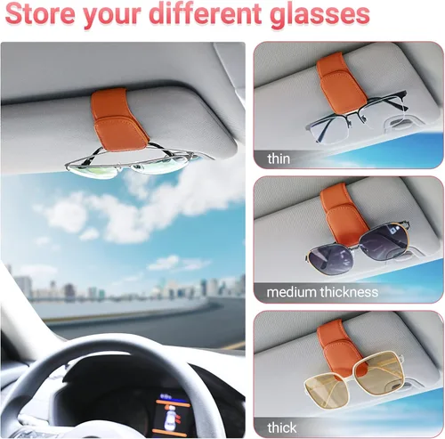 Vista 5 de KanSmart Soporte para lentes de sol para visera de automóvil, clip magnético de cuero, soporte para lentes, camión, accesorios interiores de Naranja