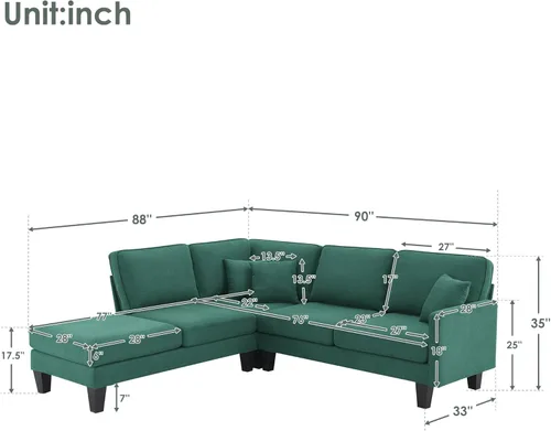 Vista 20 de Sofá seccional de tela de rizo de 90 x 88 pulgadas, moderno y práctico juego de sofá de 5 asientos, muebles de interior minimalistas en forma de L