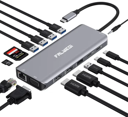 Estación de acoplamiento USB C para laptop, adaptador multipuerto 14 en 1 tipo C con 3 monitores, HDMI dual, VGA, PD, Ethernet, SD/TF, puertos USB