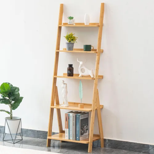 Vista 13 de Maydear Estantería de bambú con escalera, estantería inclinada de 4 niveles, estantes de almacenamiento para sala de estar, dormitorio, cocina