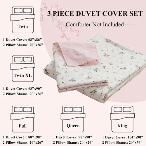Vista 4 de Juego de funda de edredón con diseño floral, tamaño individual, color rosa y blanco, estampado de flores, estilo jardín, de algodón, estético