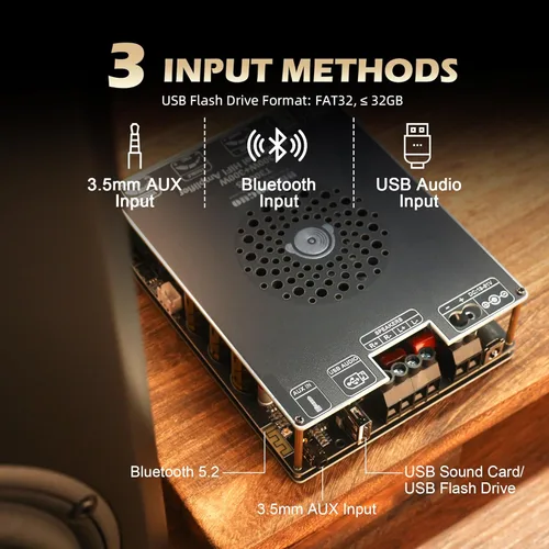 Vista 4 de Tablero amplificador de audio de 600 W con control de agudos y graves, chips TPA3255, CC 19-51 V, entradas Bluetooth 5.2 y AUX, placa AMP estéreo