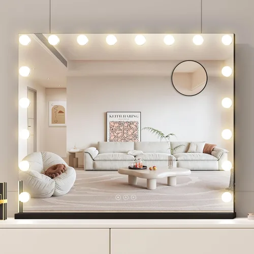 Vista 13 de Espejo de tocador con luces, espejo de maquillaje iluminado con bombillas LED regulables, 3 modos de iluminación de color, puerto de carga USB