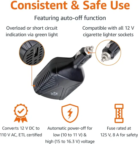 Vista 3 de Yaxa Basics Inversor de corriente para automóvil de 75 W, 12 V a 110 V para vehículos, negro, 5.07 x 2.65 x 1.6 pulgadas