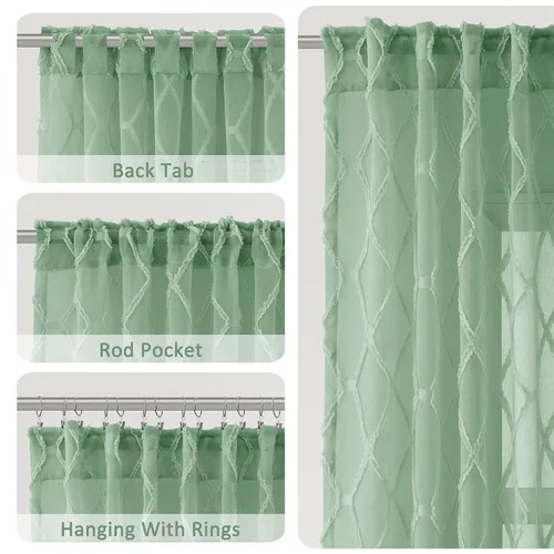 Vista 3 de Cortinas transparentes verde agua de 84 pulgadas de largo, 2 paneles con pompones y textura, cortinas de gasa con patrón bordado geométrico