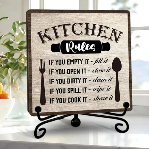 Vista 18 de Placa de madera rústica con soporte, decoración de cocina, letrero de madera con reglas de cocina, idea de decoración de madera para el hogar, sala