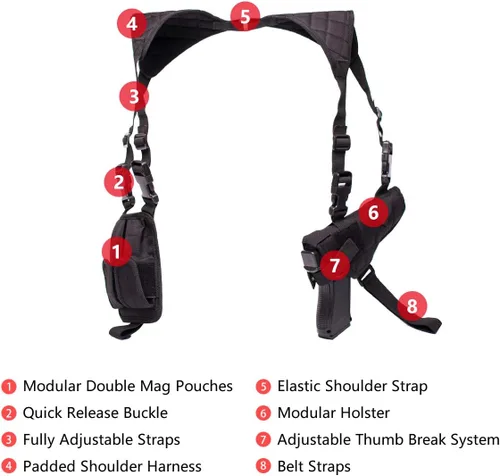 Vista 3 de Funda de hombro para pistolas, funda vertical ajustable para pistola con doble bolsa de cargador, funda de transporte oculta universal que se adapta