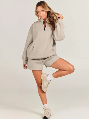 Vista 8 de ANRABESS Conjunto de 2 piezas para mujer, sudadera y pantalones cortos, de gran tamaño, casual, conjunto de sudadera para descansar, conjunto