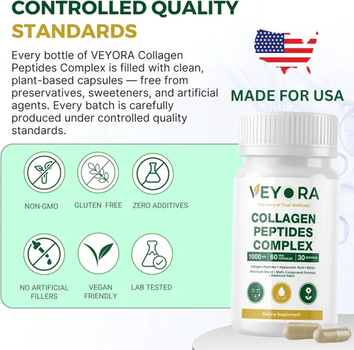 Vista 6 de Complejo de péptidos de colágeno 1000 mg 60 cápsulas veganas con ácido hialurónico y biotina Fórmula sin marinos a base de plantas Beauty