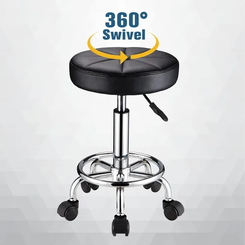 Vista 6 de HMTOT Taburete redondo con ruedas Silla giratoria ajustable de altura para spa salón masaje negro