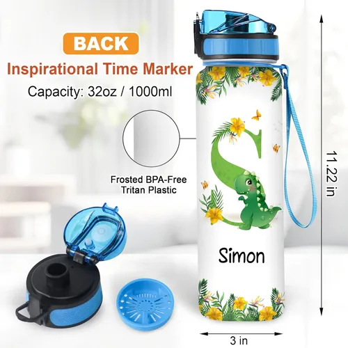 Vista 6 de Hyturtle Botella de agua motivacional personalizada para amantes de los dinosaurios, 32 onzas, 1 litro, botella de agua con nombre personalizado