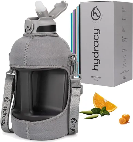 Vista 24 de Hydracy Botella de agua con horas para beber marcadas, grande, sin bisfenol A, a prueba de fugas, funda anticondensación, para gimnasio, con colador