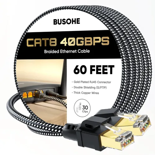 Vista 17 de BUSOHE Cable Ethernet Cat 8 de 1 pie, cable de red de internet trenzado de alta velocidad de 40 Gbps 2000 MHz con conector RJ45 chapado en oro