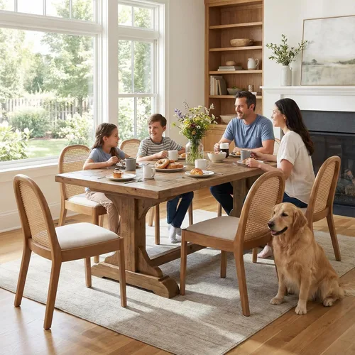 Vista 8 de DUOMAY Mid-Century - Juego de 2 sillas de comedor de ratán modernas, sillas de comedor de madera con respaldo de caña y asiento acolchado, silla