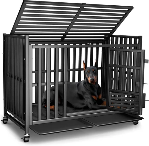 Jaula para Perros de Servicio Pesado, Jaula Indestructible a Prueba de Escape para Perros con Alta Ansiedad, Perrera de 3 Puertas con 4 Ruedas